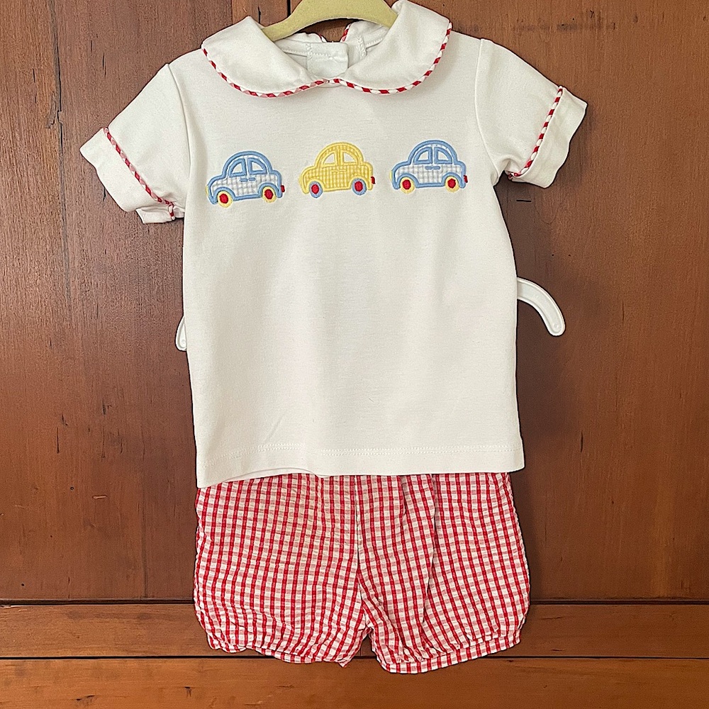 Boys Red Gingham Appliqué Shorts Set - Cars